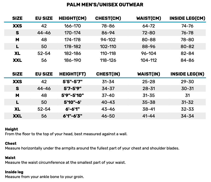 2025 Palm Mens Unisex Outerwear 0 Size Chart